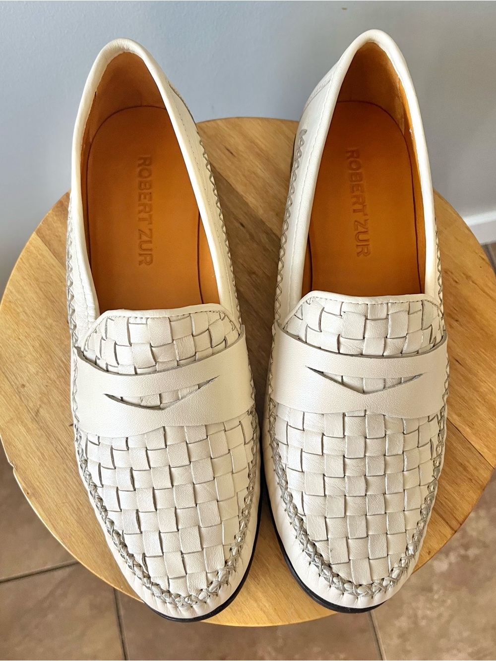 ROBERT ZUR Men's Cream Woven Leather Penny Loafers Size 10M -Quiet Luxury - Picture 11 of 11